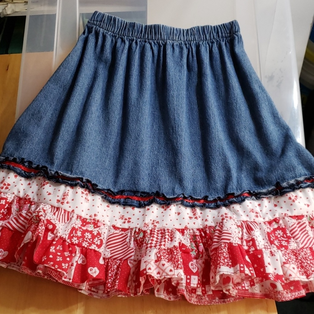 Girls 6/6x red hearts ruffled skirt handmade by me